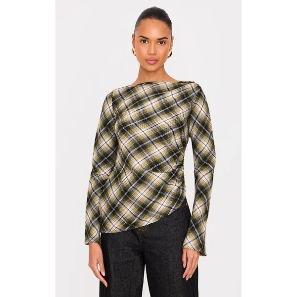 Green Check Asymmetric Long Top