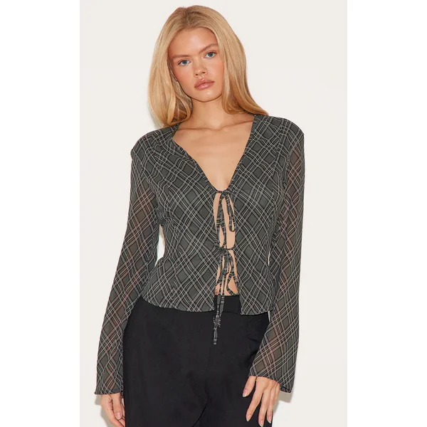 Green Check Chiffon Tie Front Blouse