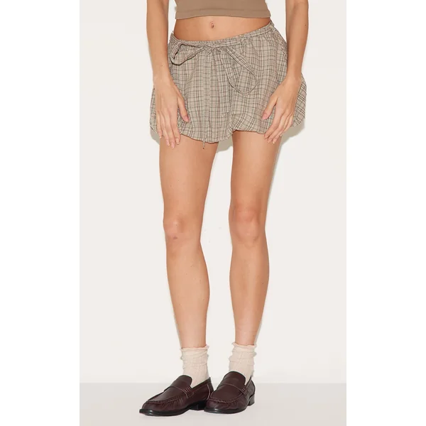 Green Check Print Tie Waist Cotton Puffball Skirt