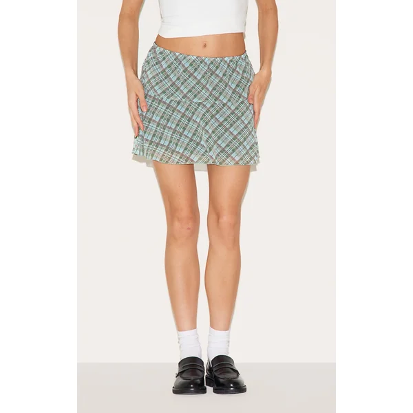 Green Check Printed Frill Hem Mini Skirt