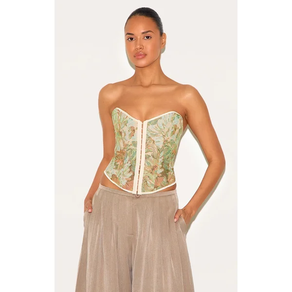 Green Contrast Binding Jacquard Hook & Eye Corset