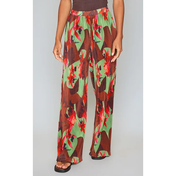 Green Floral Abstract Print Plisse High Waisted Wide Leg Pants