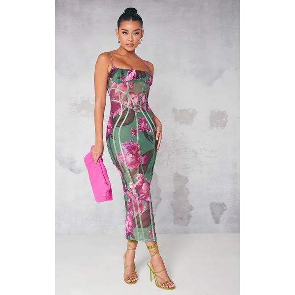 Green Floral Print Mesh Binding Detail Midaxi Dress