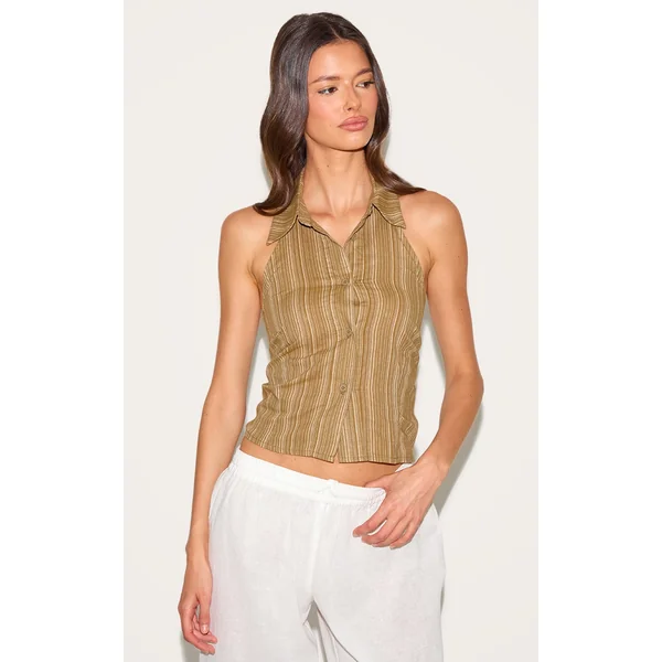 Green Lightweight Woven Striped Tie Back Halterneck Top