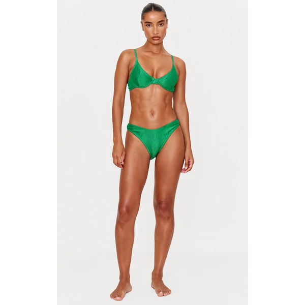 Green Metallic Crinkle High Leg Bikini Bottoms