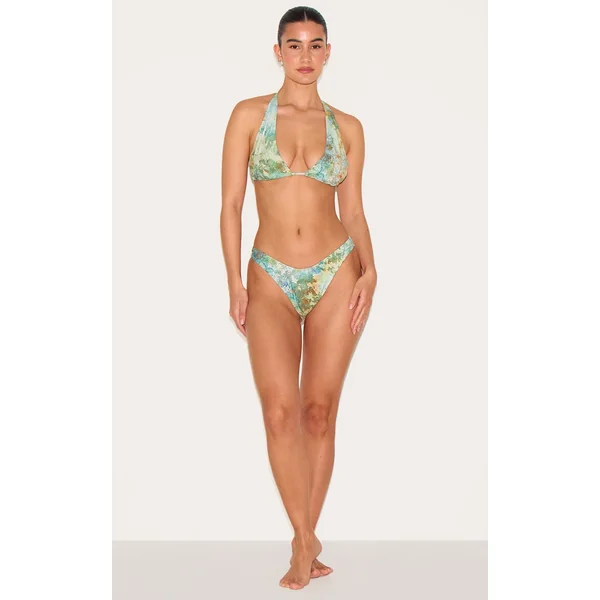 Green Mottled Print Halter Neck Bikini Top