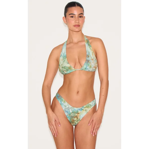 Green Mottled Print High Leg Bikini Bottoms