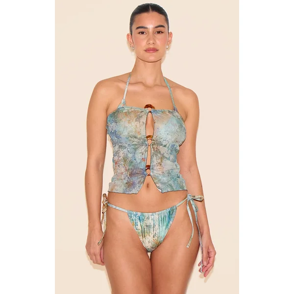 Green Mottled Print O Ring Detail Bandeau Beach Top