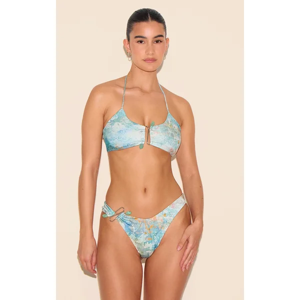 Green Mottled Print Silver Trim Bikini Top