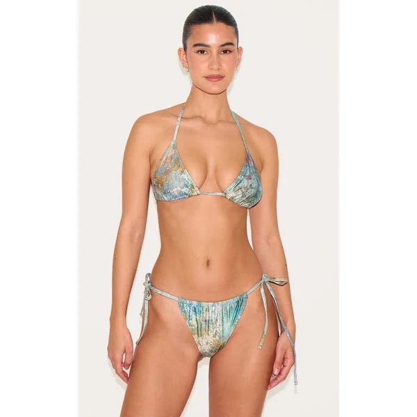 Green Mottled Print Triangle Bikini Top