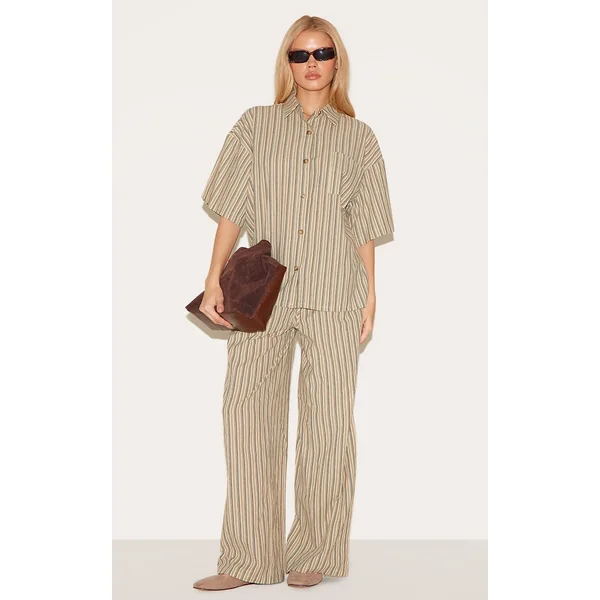 Green Pinstripe Drawstring Straight Leg Pants