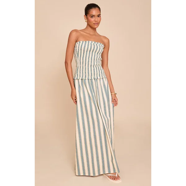 Green Pinstripe Linen Look Maxi Skirt