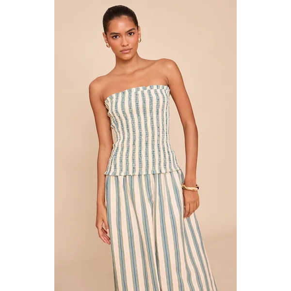 Green Pinstripe Linen Look Shirred Bandeau Top