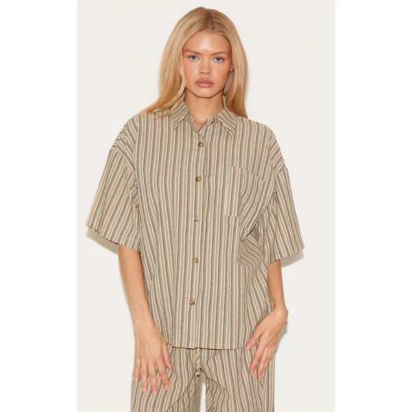 Green Pinstripe Short Sleeve Oversized Shirt