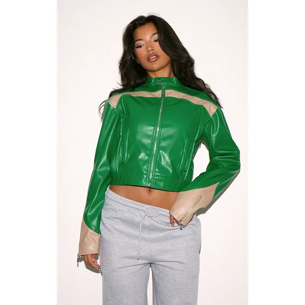 Green PU Racer Neck Pleated Detail Jacket