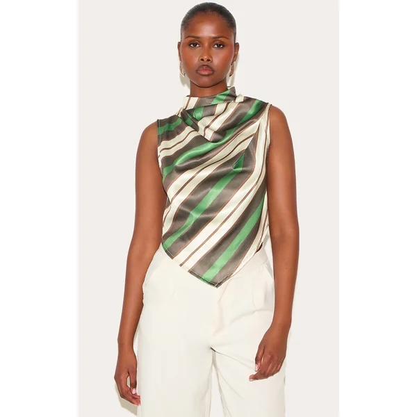 Green Satin Stripe High Neck Cowl Top