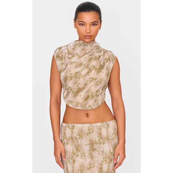 Green Sequin Tie Back High Neck Cowl Crop Top