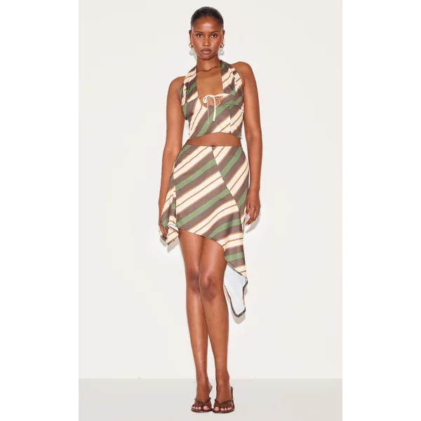 Green Striped Asymmetric Mini Skirt