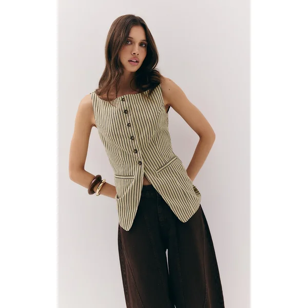 Green Striped Linen Look Vest