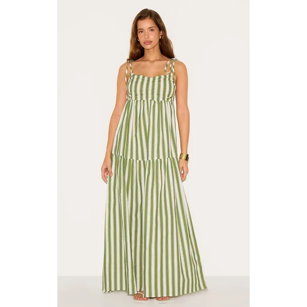Green Striped Strappy Low Back Maxi Dress