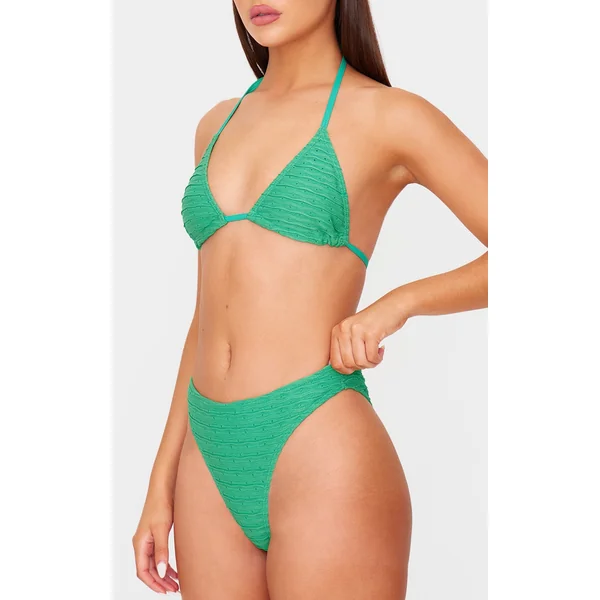 Green Textured High Leg Bikini Bottoms