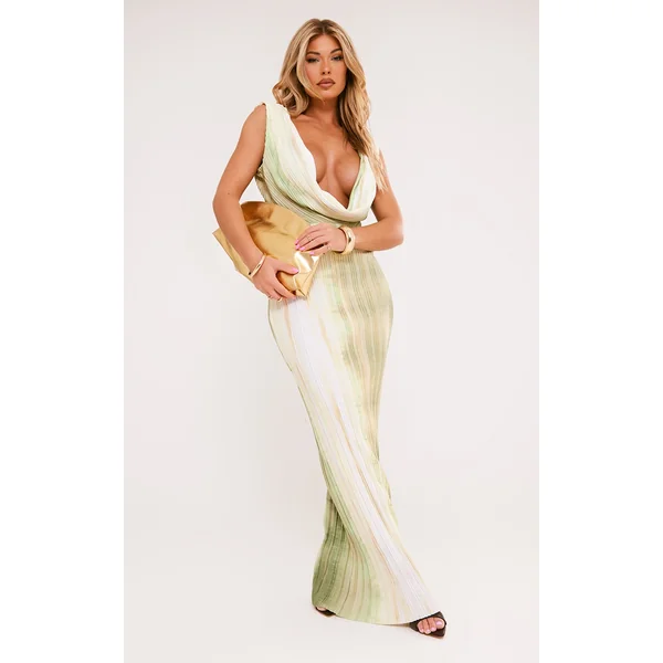 Green Tie Dye Print Plisse Cowl Plunge Maxi Dress