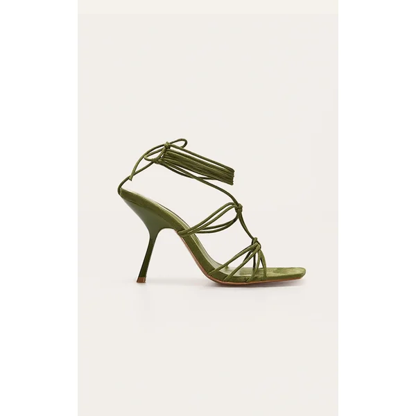 Green Wide Fit Pu Square Toe Knotted Strappy Lace Up Heeled Sandals