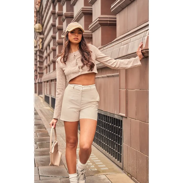 Greige Woven Turnover Waistband City Shorts