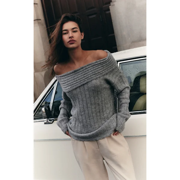 Grey Asymmetric Rib Knit Long Sleeve Top