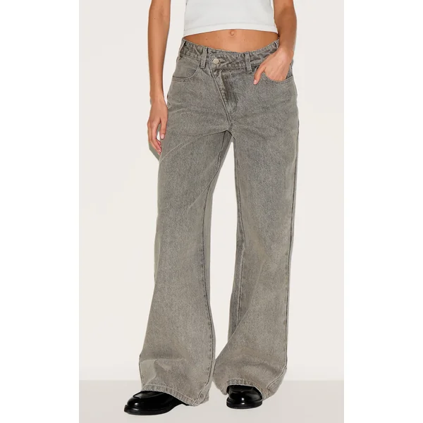 Grey Asymmetrical Waistband Wide Leg Jeans