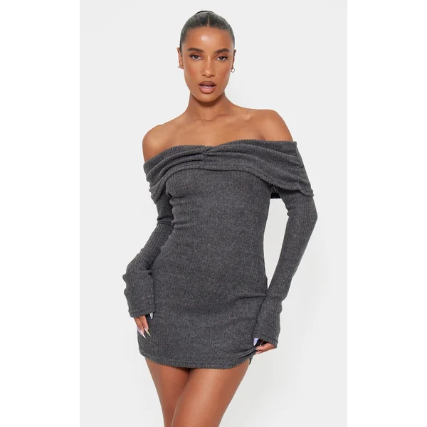 Grey Brushed Rib Bardot Long Sleeve Bodycon Dress