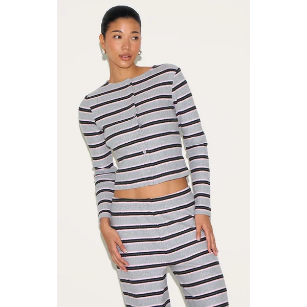 Grey Brushed Rib Striped Long Sleeve Button Up Top