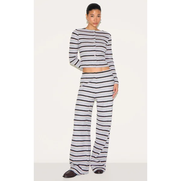 Grey Brushed Rib Striped Mid Rise Wide Leg Pants