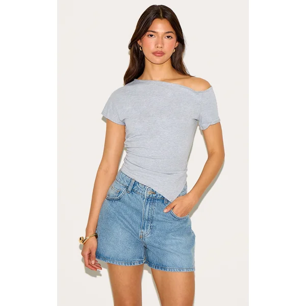 Grey Cotton Off Shoulder Drape Longline Top