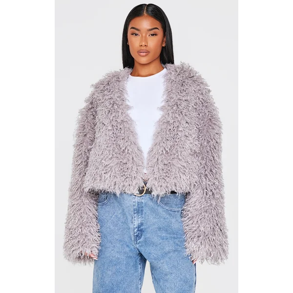 Grey Cropped Faux Fur Coat