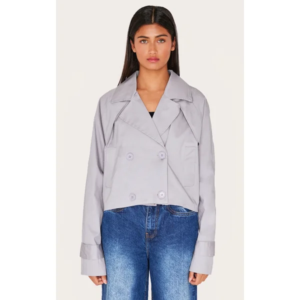 Grey Cropped Storm Flap Detail Trench Coat