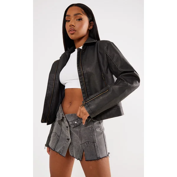 Grey Distressed Look Faux Leather Boxy Fit Biker Jacket