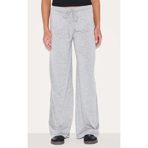Grey Drawstring Jersey Wide Leg Pants