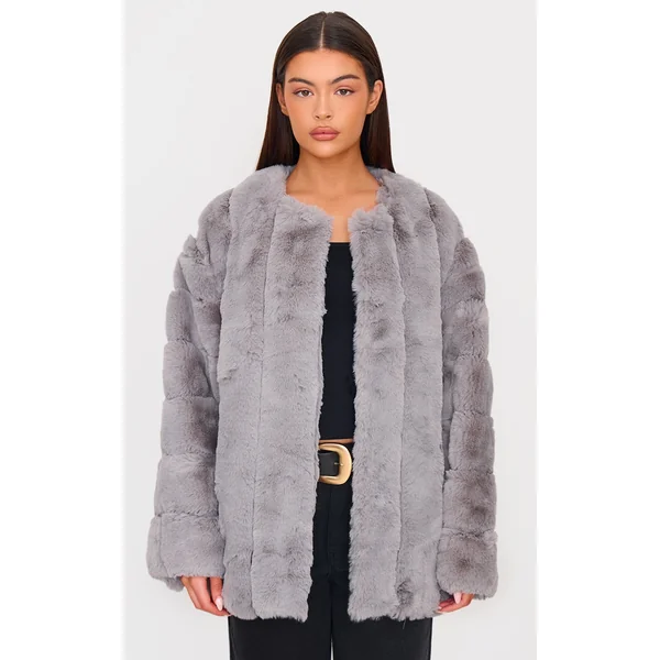 Grey Faux Fur Bubble Vertical Coat