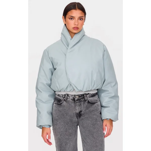 Grey Faux Leather Fold Over Puffer Jacket