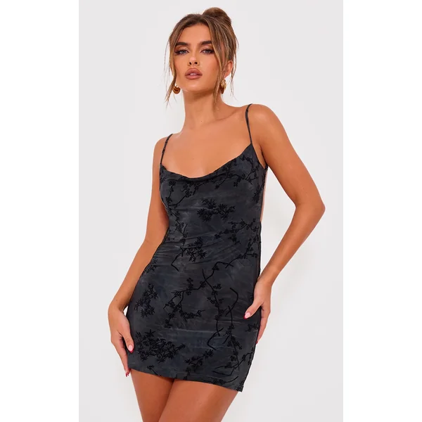 Grey Floral Printed Devore Cowl Neck Shift Dress