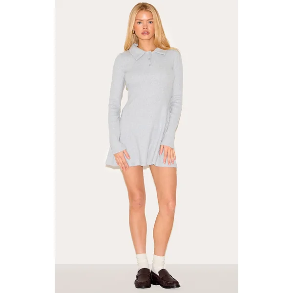 Grey Heavy Brushed Rib Button Up Shift Dress