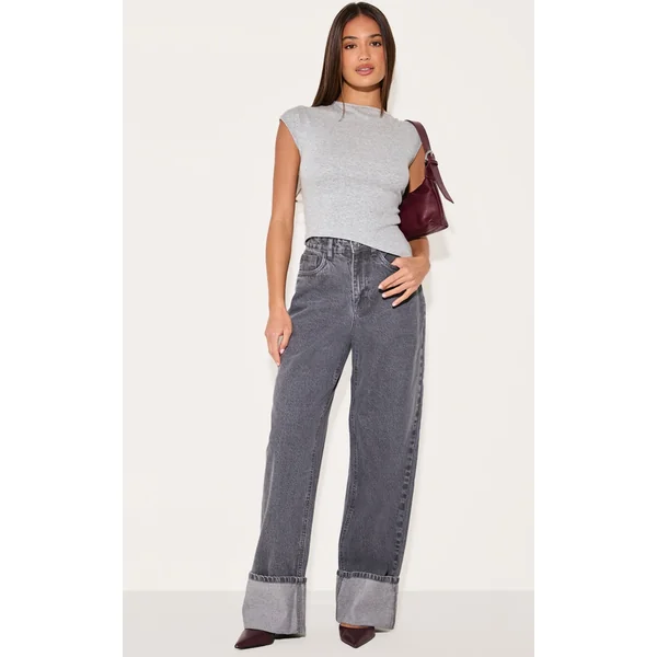 Grey High Waist Turn Up Leg Jeans