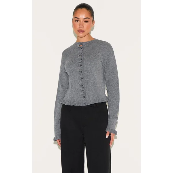 Grey Knit Ruffle Detail Cardigan
