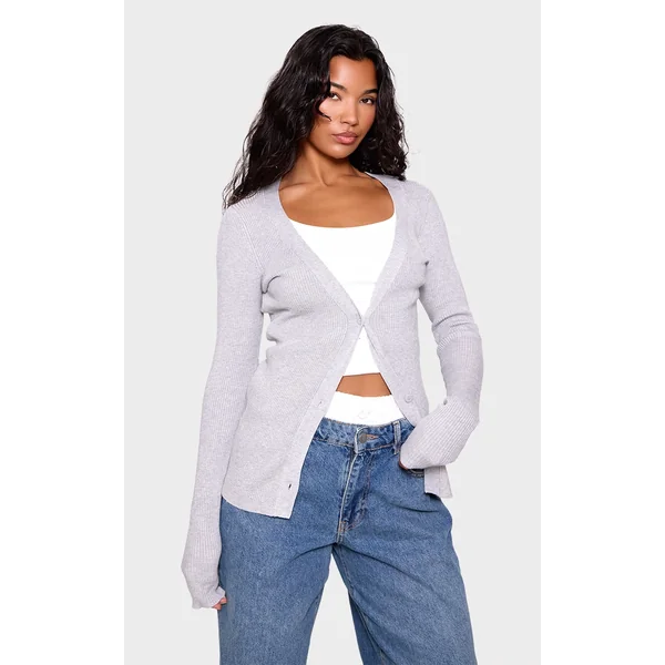 Grey Knitted Ribbed Long Sleeve Cardigan