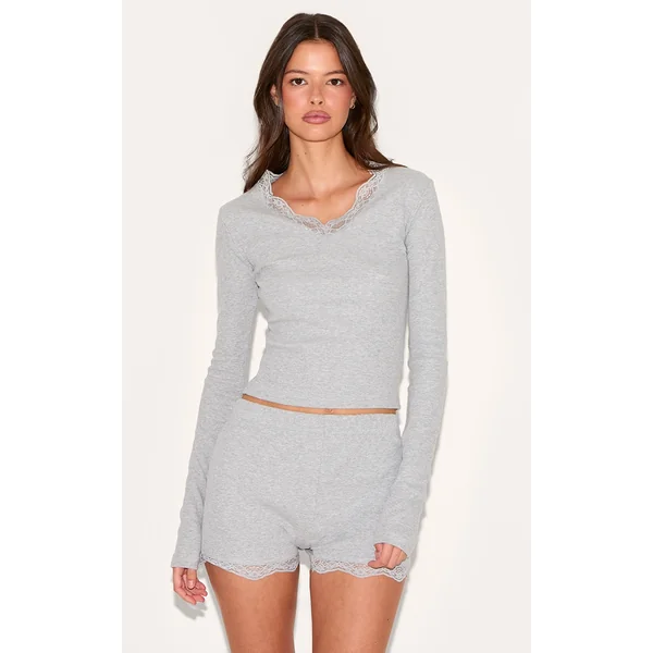 Grey Lace Trim Long Sleeve Top and Short PJ Set