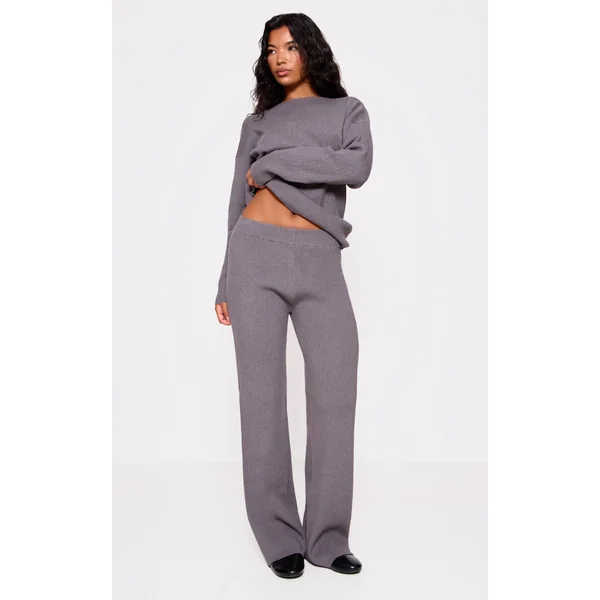 Grey Light Rib Knit Wide Leg Pants