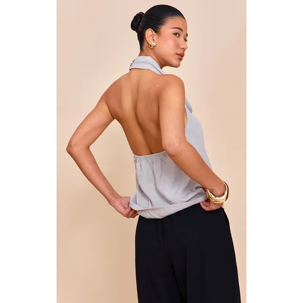 Grey Linen Blend Cowl Neck Backless Long Top