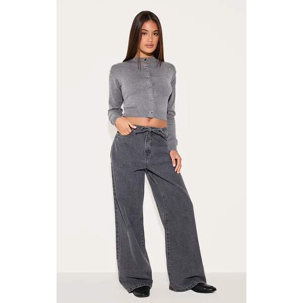 Grey Low Rise Tie Waistband Wide Leg Jeans