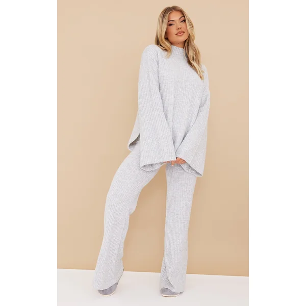 Grey Luxe Rib Knit Wide Leg Pants